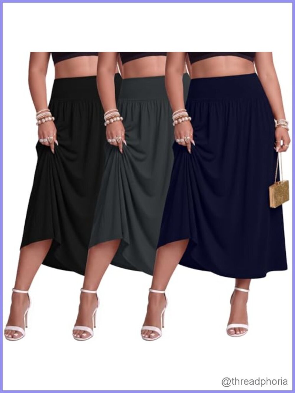 Plus Size Maxi Skirts with Pockets A-Line Pleated 3 Pack